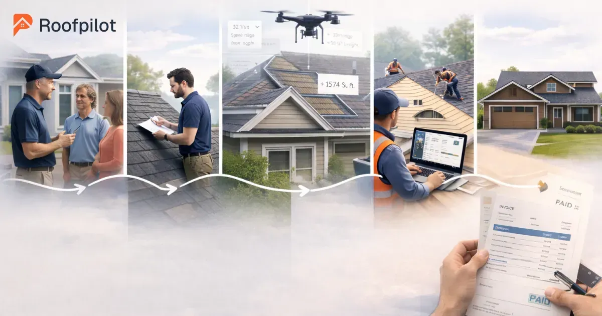 Complete roofing business workflow from client meeting to paid invoice using all-in-one roofing software instead of multiple specialized tools