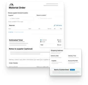 RoofPilot material order form with supplier selection, item list, and shipping details.