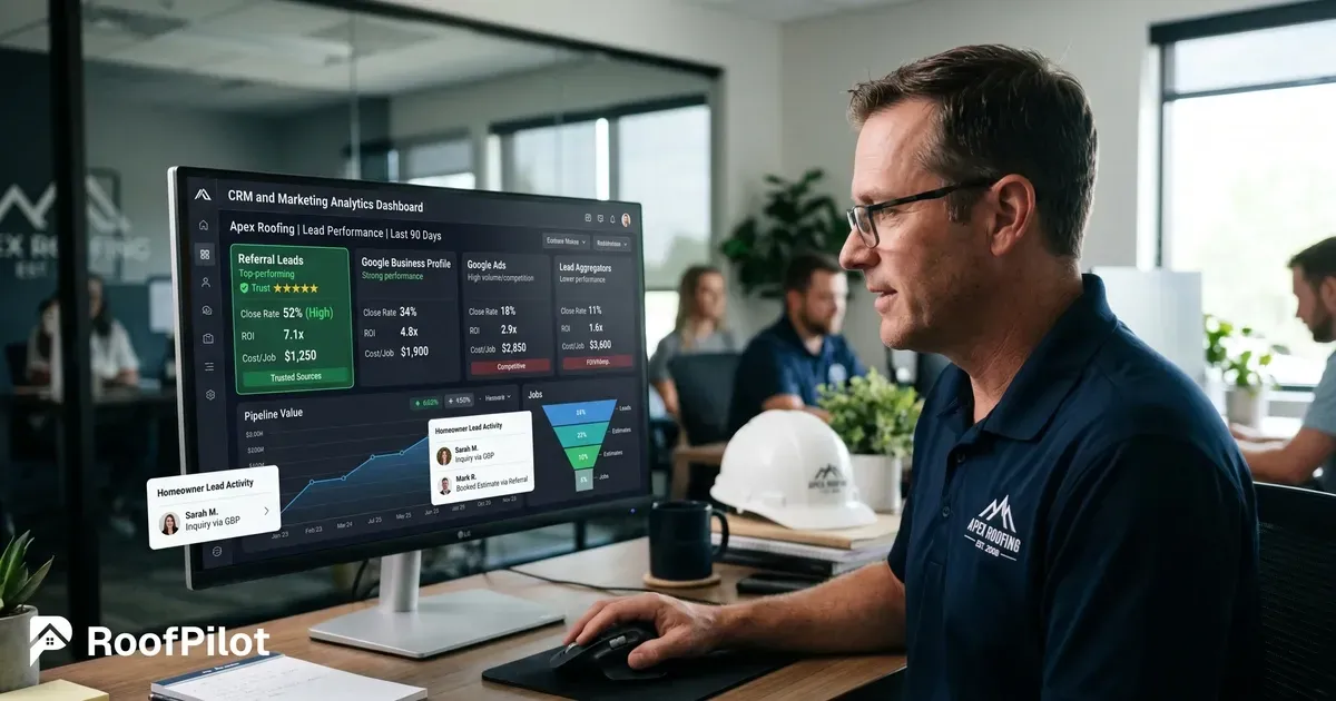 Roofer analyzing roofing marketing ROI and channel performance on large monitor showing referral leads, Google Ads, and pipeline value
