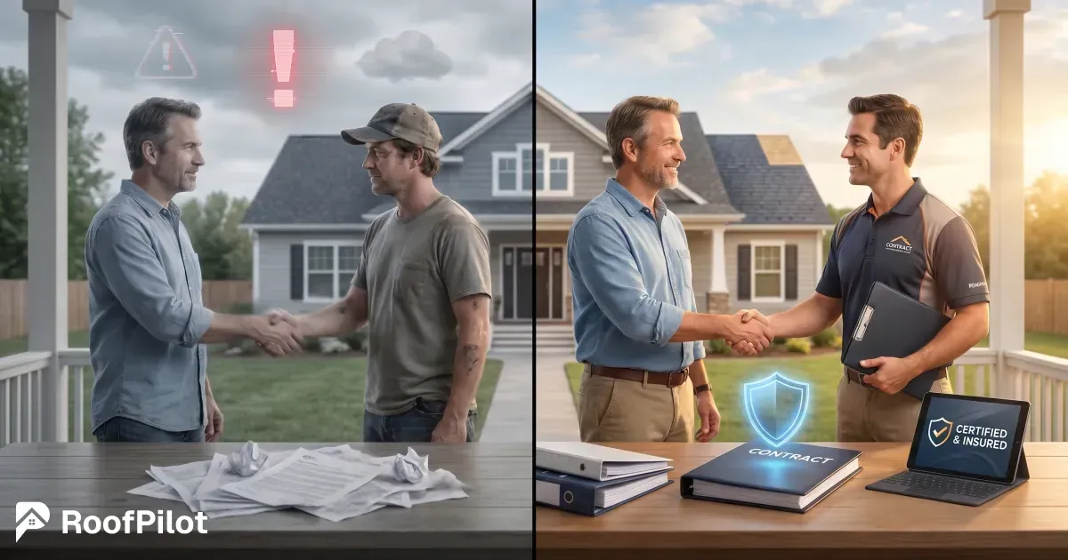 Risky handshake with warning symbols and messy paperwork versus professional certified roofing contractor handshake with digital contract, tablet, and glowing protection shield