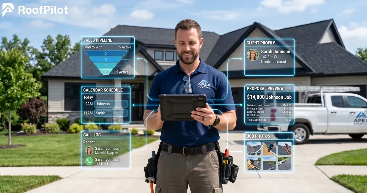 Roofer using best CRM for roofing with sales pipeline, client profiles, proposal preview, and job photos all in one integrated platform