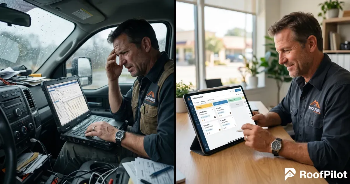 Stressed roofing contractor managing leads on laptop in messy truck versus happy contractor using clean roofing CRM software on tablet