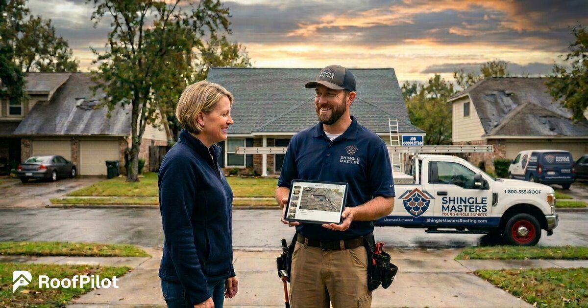 Roofer door knocking and showing roof inspection photo on tablet to homeowner during door to door roofing sales