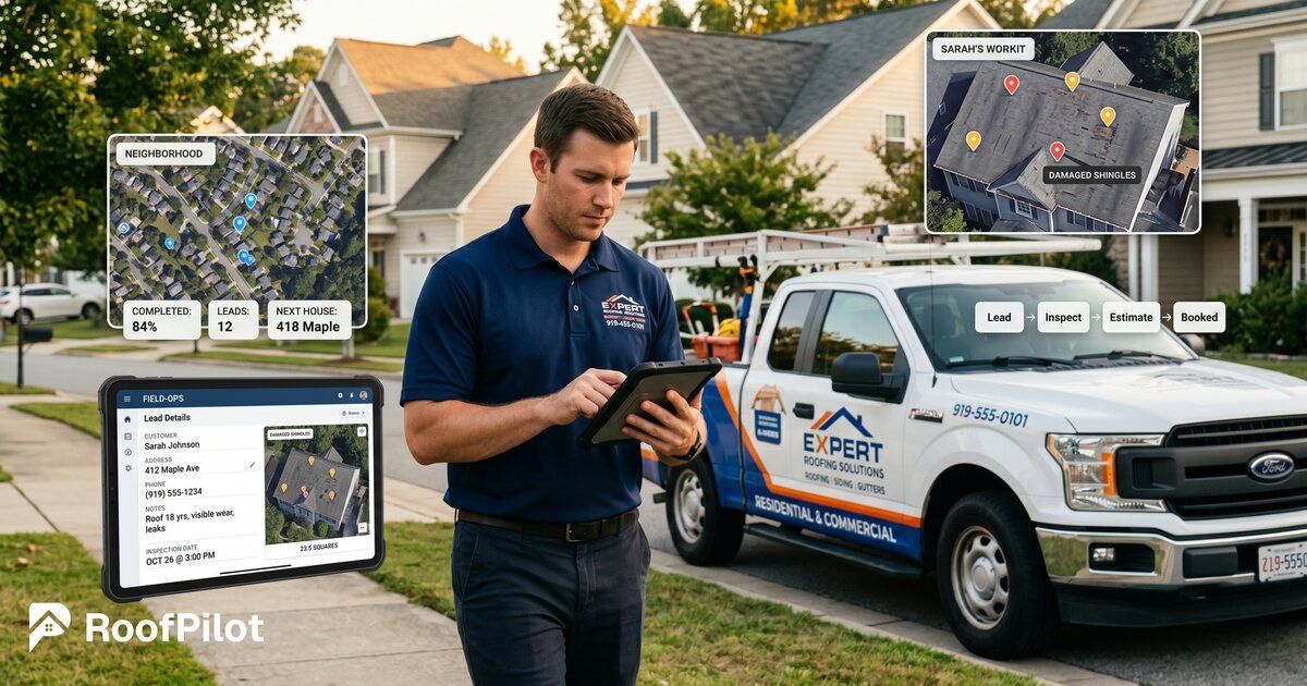 Roofer using door knocking scripts on tablet with neighborhood map, lead details, damaged roof photo, and sales workflow