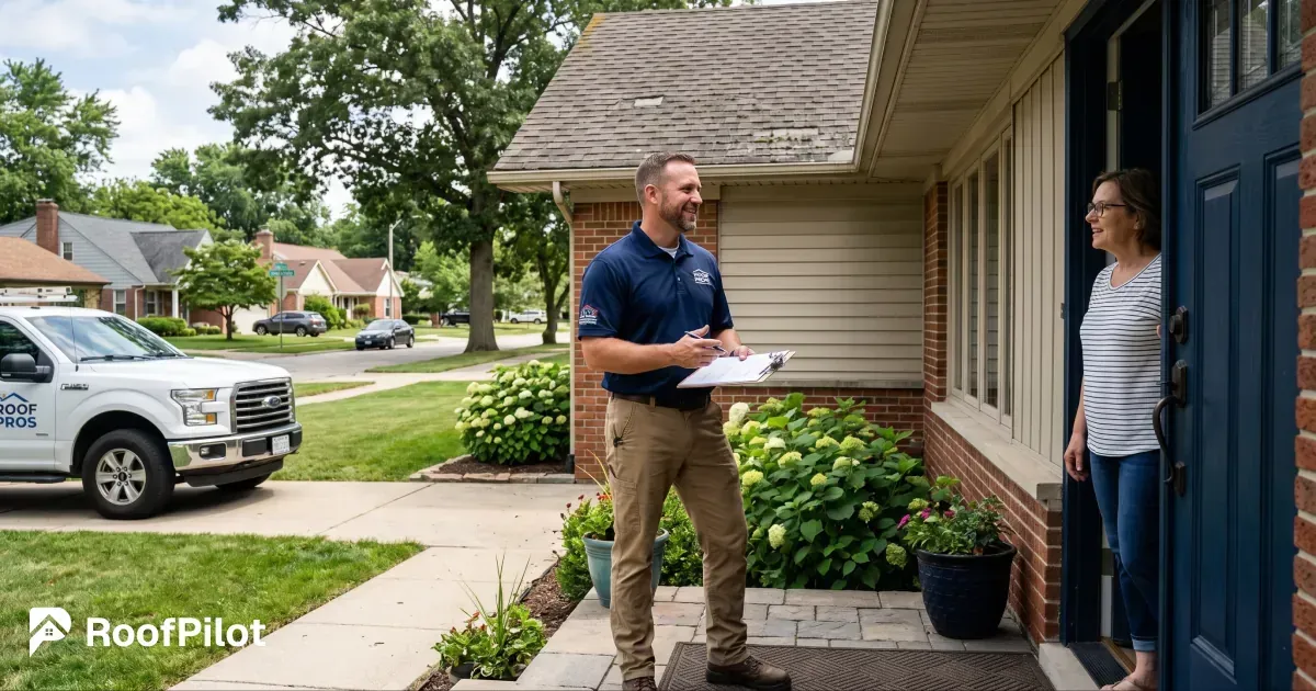 Roofer doing door to door canvassing and talking to homeowner at front door to generate local roofing leads