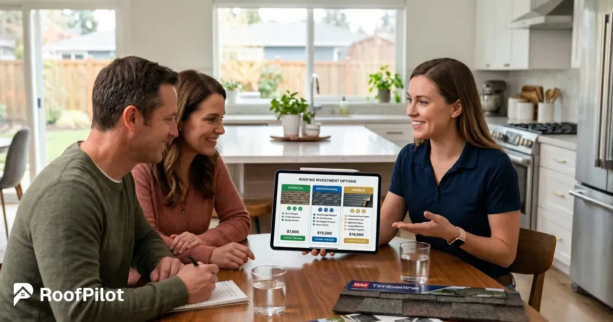 Female roofer showing good-better-best roofing proposal example with Essential, Professional, and Premium pricing options on tablet to smiling couple