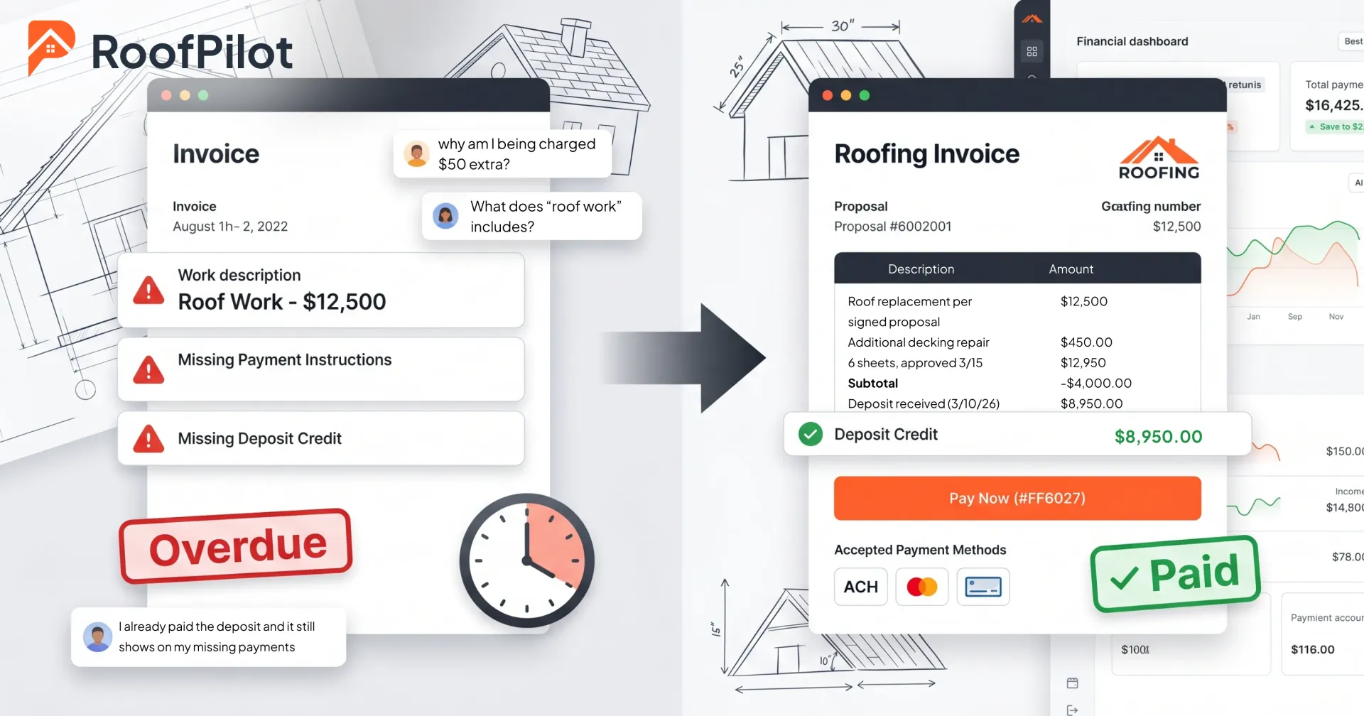 Bad roofing invoice with vague descriptions and overdue status versus professional detailed invoice with clear line items and paid confirmation.