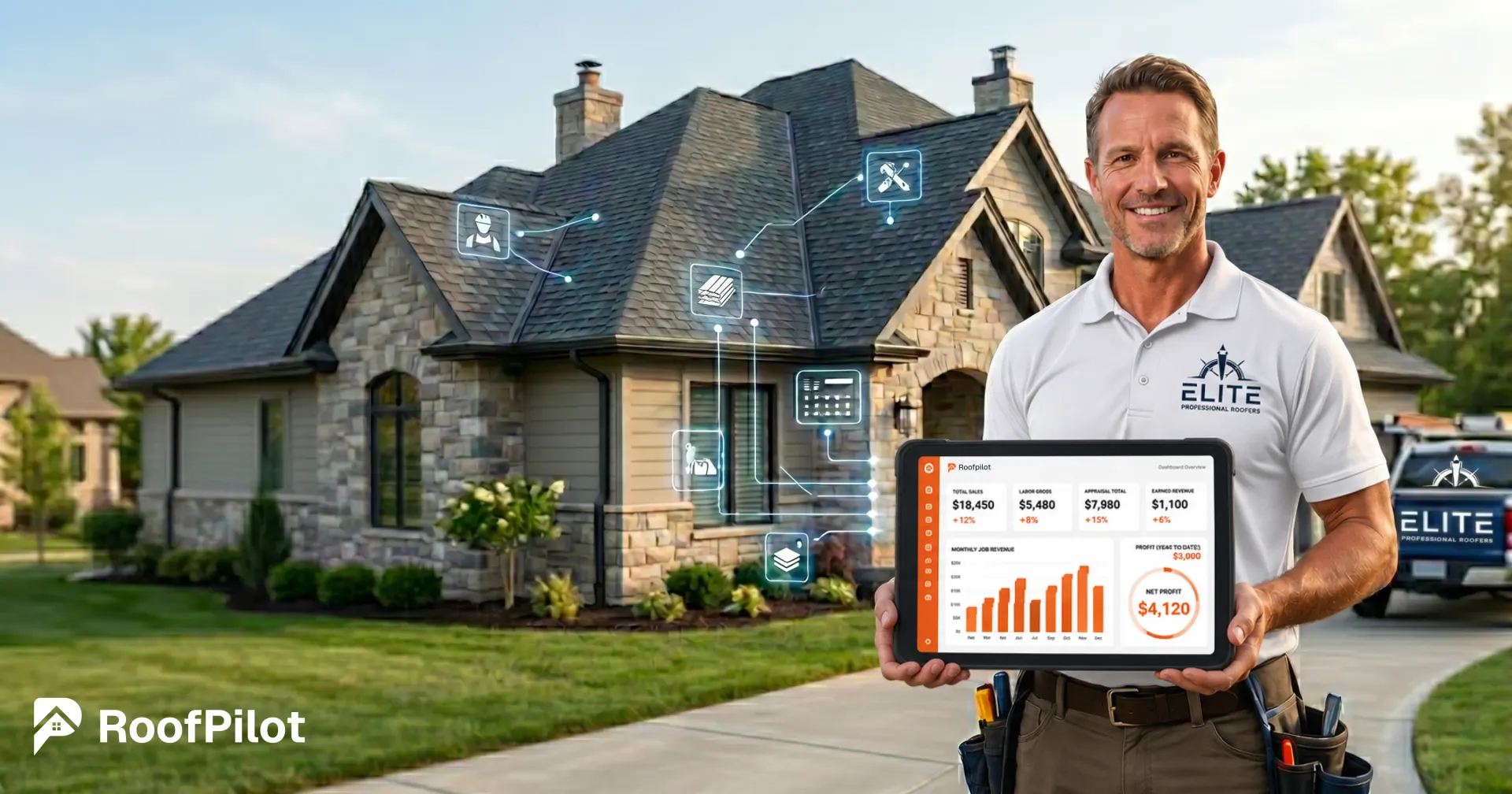 Happy roofer holding tablet displaying financial dashboard 