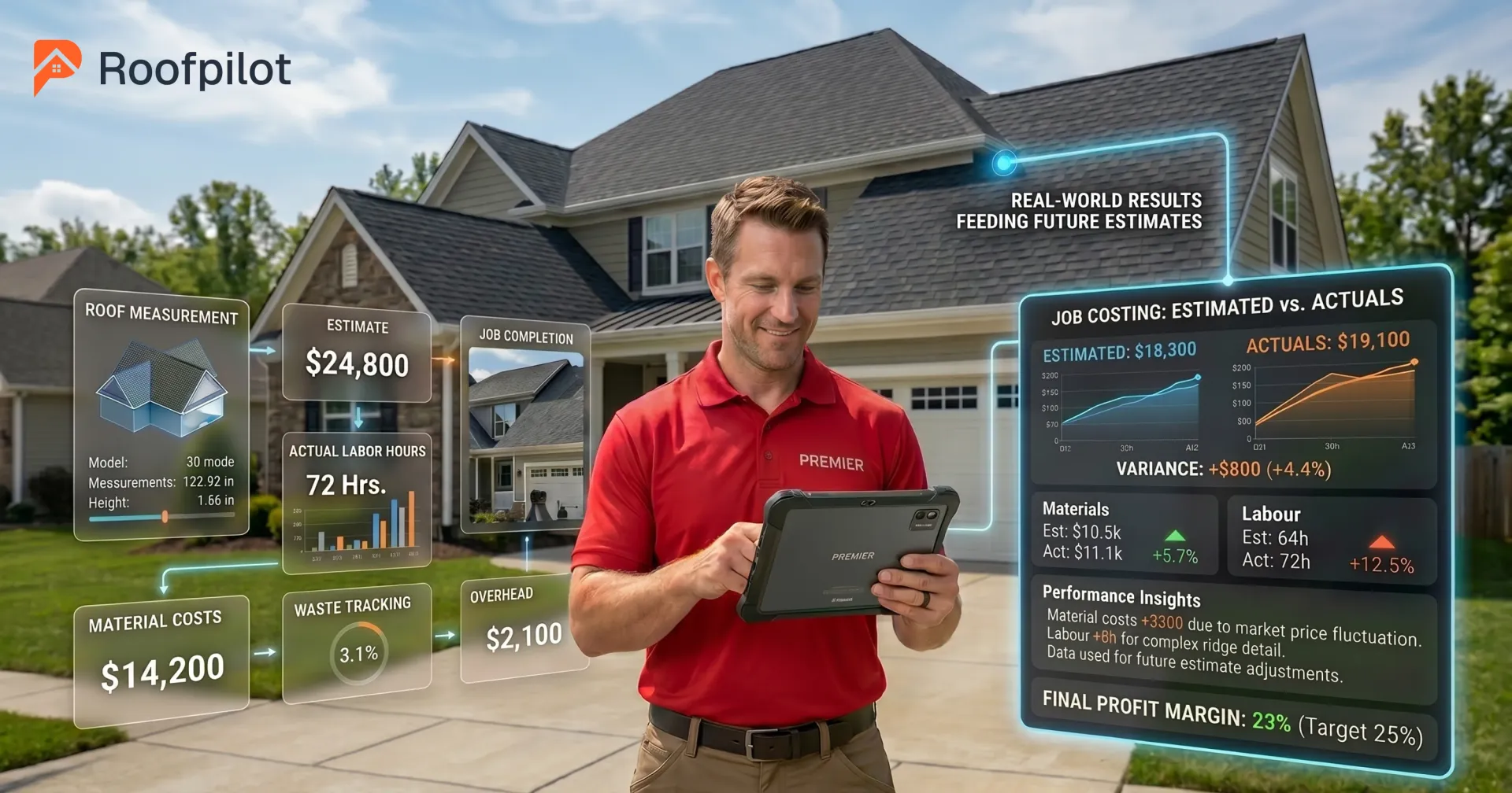 Roofer reviewing job costing data on tablet showing estimated vs actual costs with +$800 variance and final 23% profit margin after real-world results.