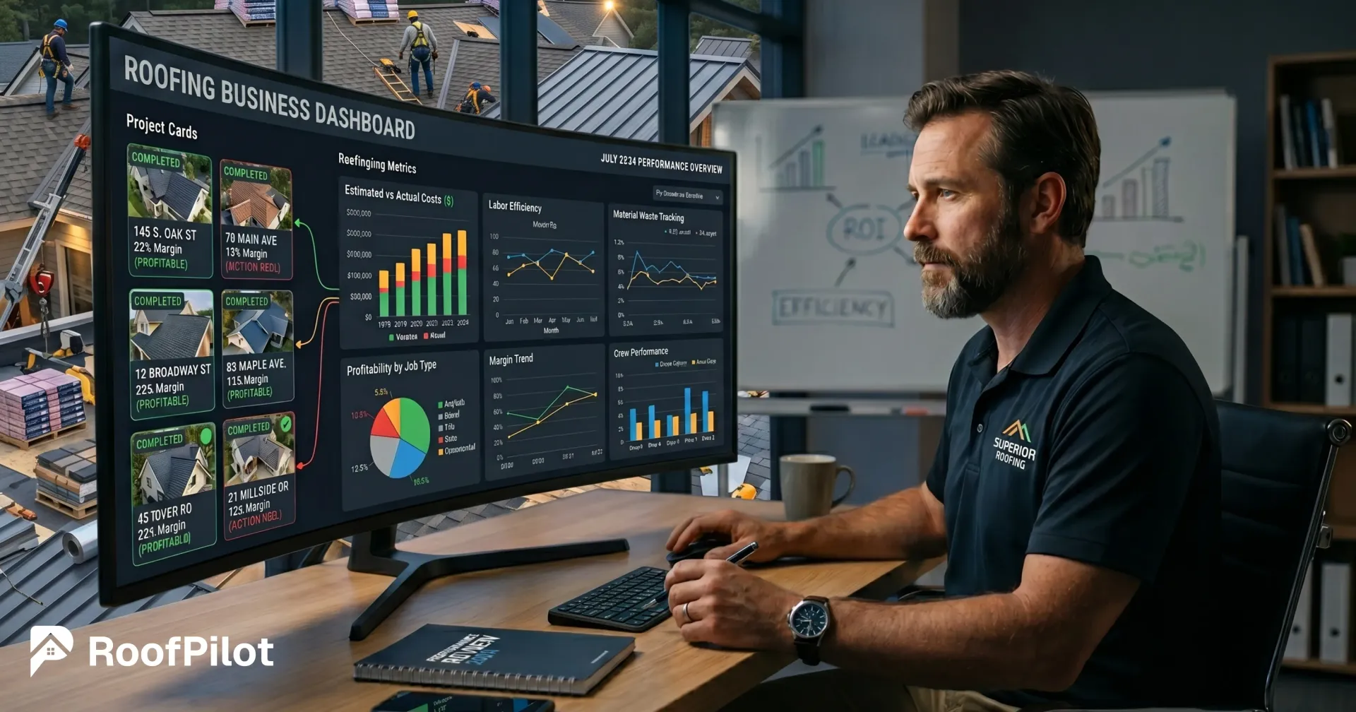 Roofer analyzing large business dashboard showing estimated vs actual costs, labor efficiency, material waste tracking, profitability by job type, and margin trends.