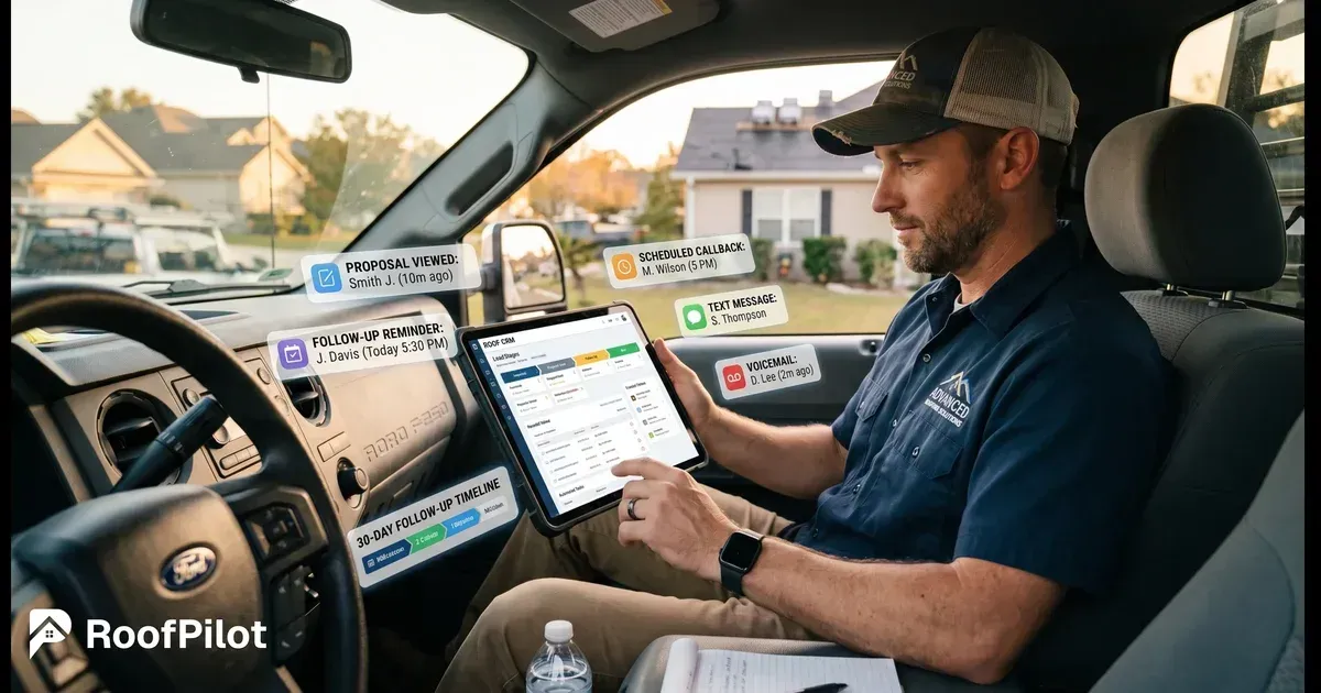 Roofer in truck using roofing lead follow-up system on tablet