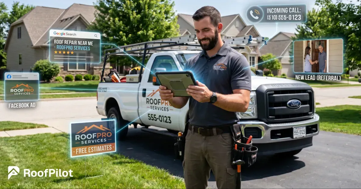 Roofer receiving multiple roofing leads from Google search, Facebook ads, incoming calls, etc.