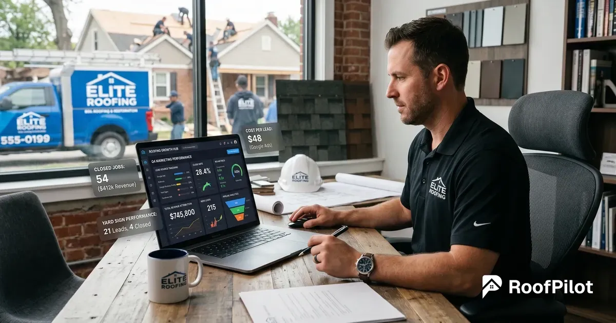 Roofer reviewing roofing marketing dashboard with closed jobs, revenue, and cost per lead