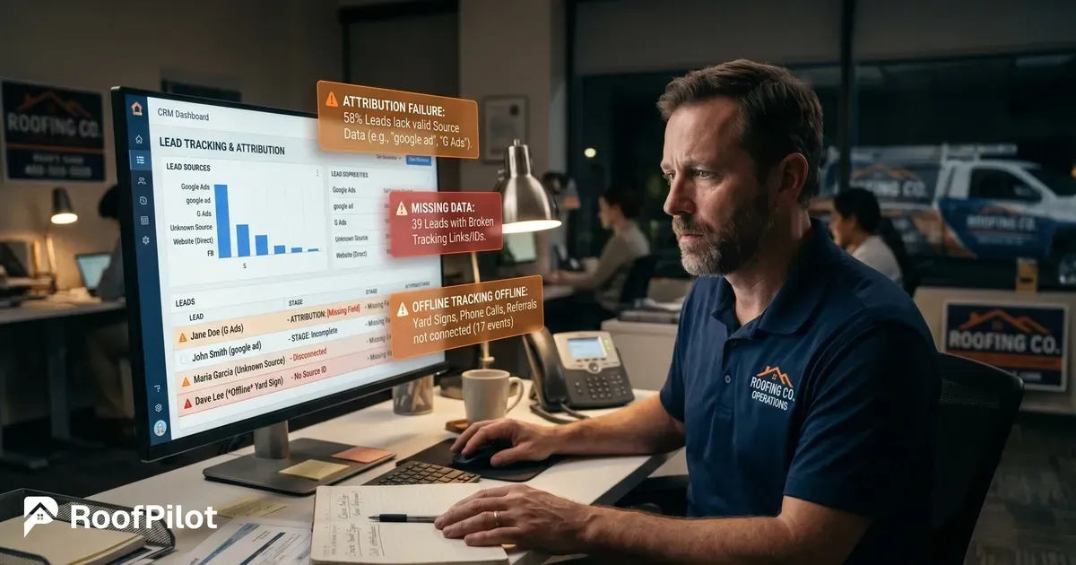 Roofer reviewing roofing marketing dashboard with attribution failures, missing data, and offline tracking issues on computer