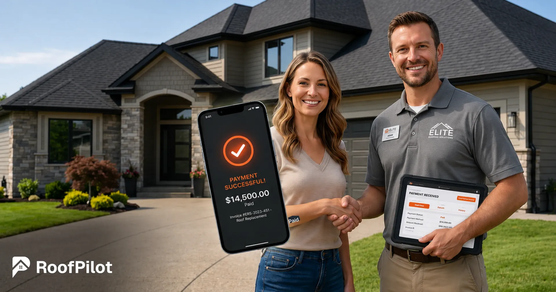 Happy couple shaking hands with roofer after successful $14,500 payment, phone showing payment successful and tablet displaying payment received status.