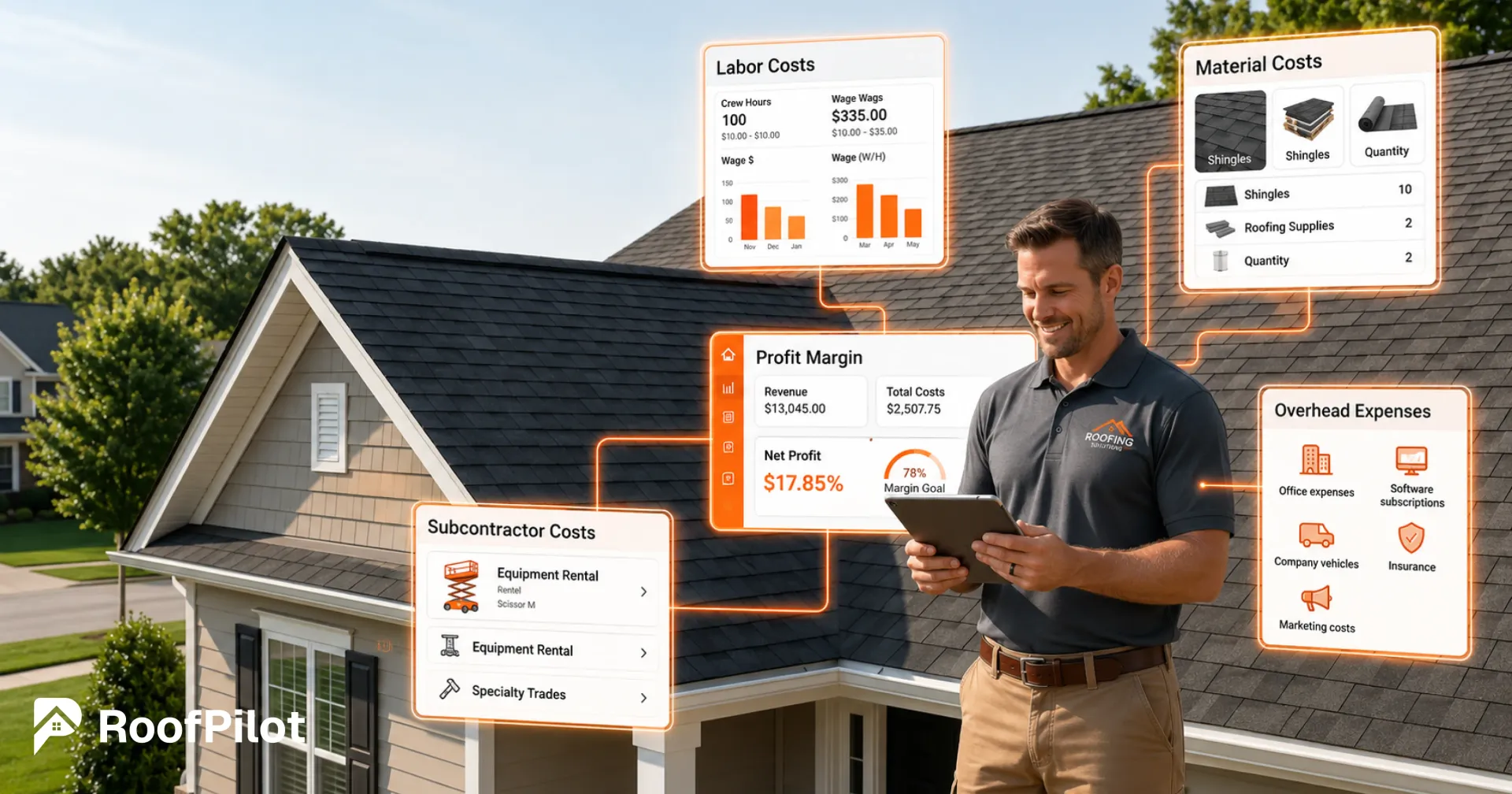 Roofer smiling while reviewing holographic profit margin data on tablet showing labor costs, material costs, subcontractor costs, overhead, and 17.85% net profit.
