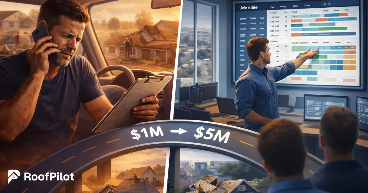 Roofer struggling with phone calls and paperwork in his truck versus professional using advanced roofing project management software on a large screen to scale from $1M to $5M