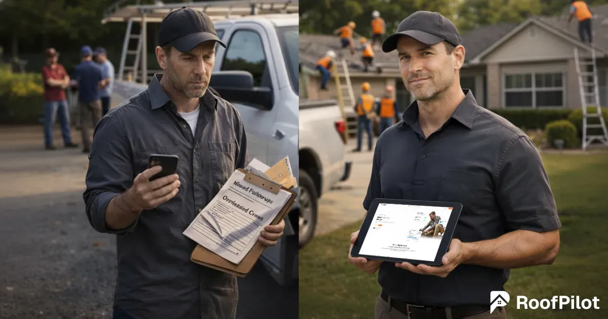 Stressed roofing business owner overwhelmed with missed follow-ups and overloaded crews versus confident owner using organized roofing project management software on a tablet