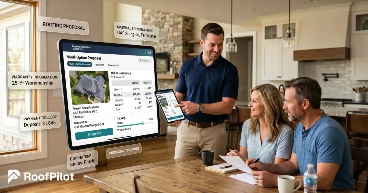 Roofer presenting professional multi-option roofing proposal example on large tablet to homeowners