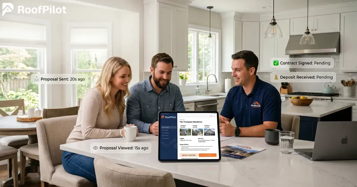 Roofer presenting professional digital roofing proposal on tablet to smiling homeowners