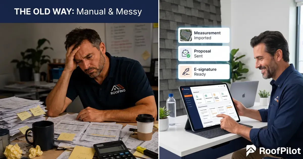 Old way vs new way: stressed roofer buried in messy manual paperwork versus happy roofer using RoofPilot roofing proposal software with imported measurements and e-signature ready