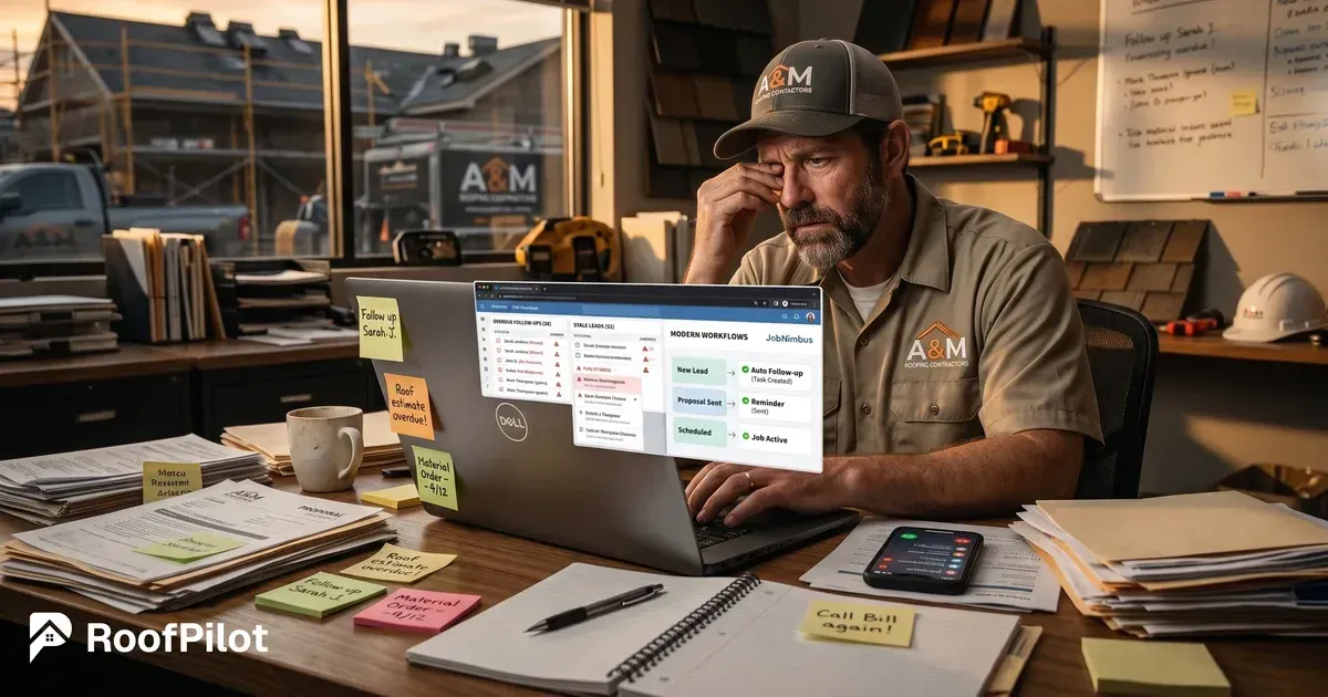 Overwhelmed roofer with messy desk and sticky notes versus clean sales follow-up sequence on laptop with automated workflows