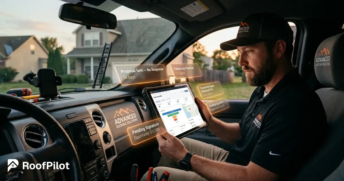 Roofer using follow-up system on tablet to close pending roofing sales and increase conversion rates