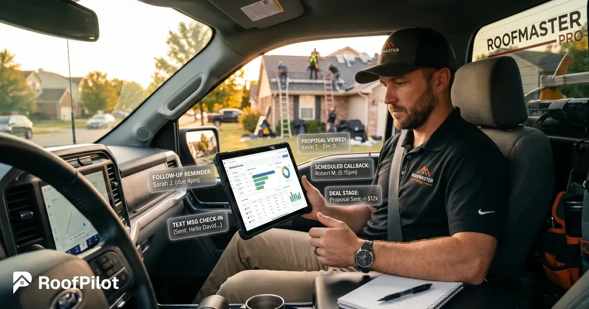 Roofer in truck managing roofing sales process with CRM dashboard, proposals, and follow-up reminders on tablet