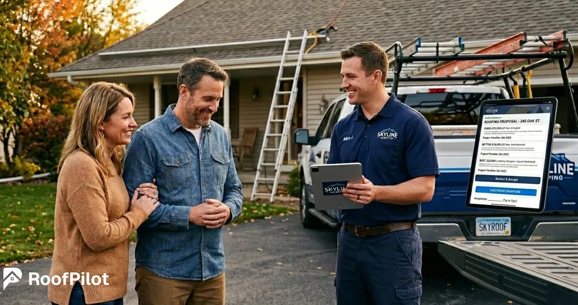 Roofer delivering professional roofing sales pitch on tablet to happy homeowners in front of their house