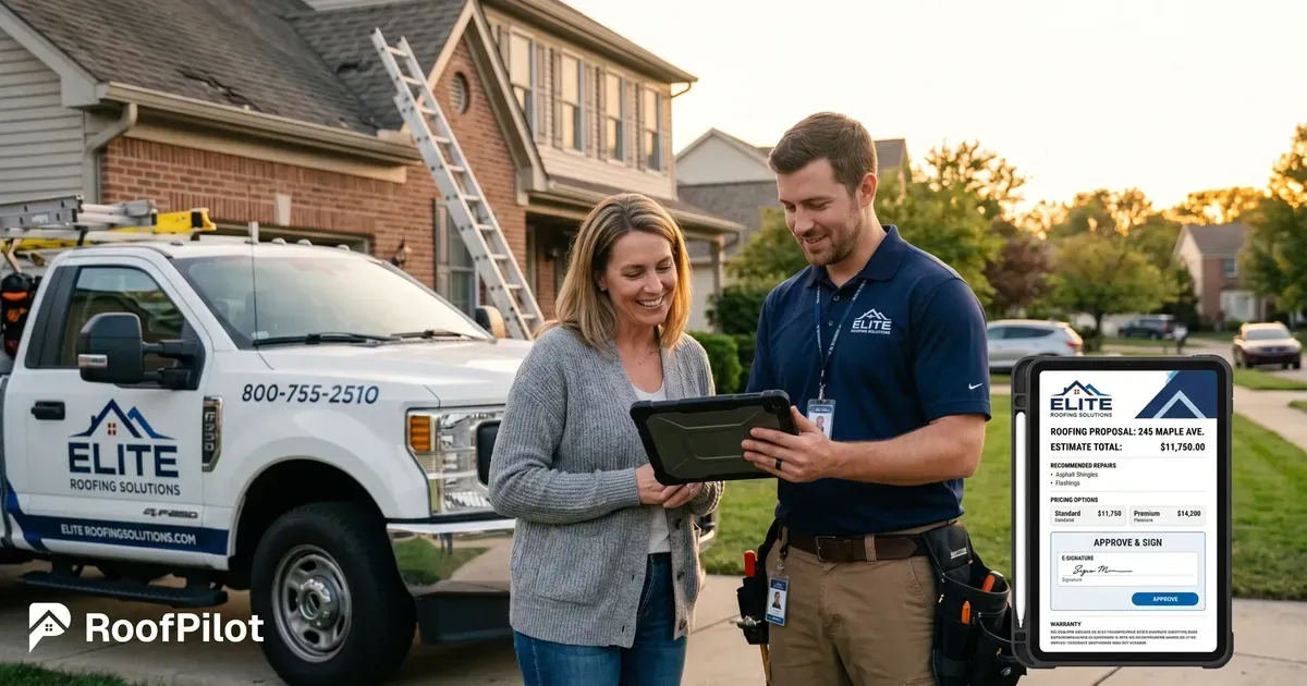 Roofer closing more roofing jobs by presenting clear proposal on tablet to smiling homeowner