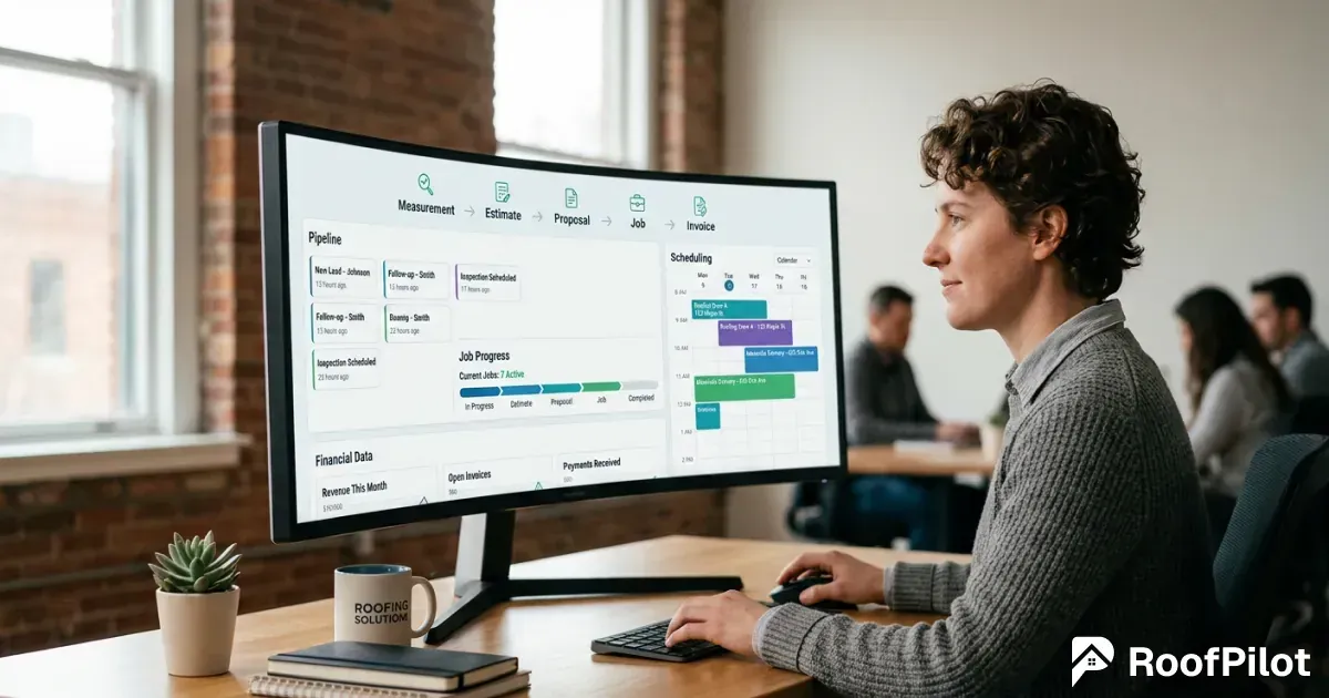 Woman using the best roofing software on an ultrawide monitor, showing a complete all-in-one roofing platform with pipeline, scheduling, and financial data
