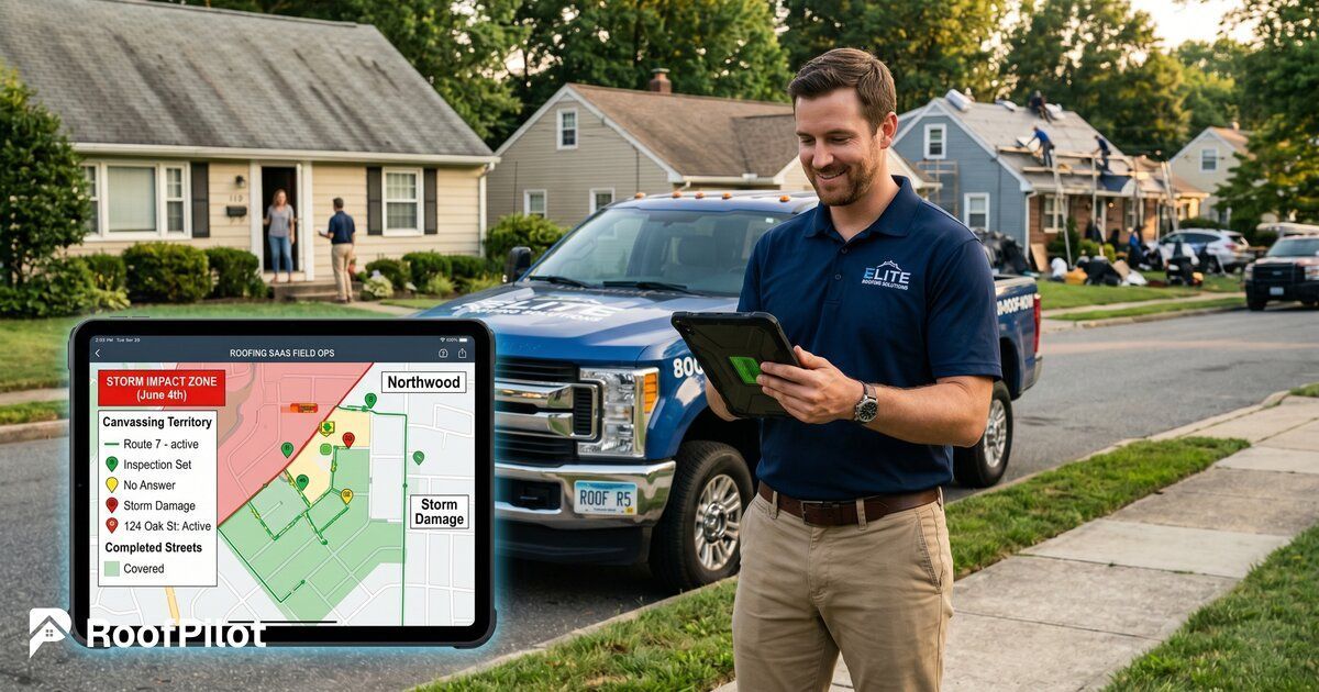 Roofer planning door to door roofing sales route on tablet 