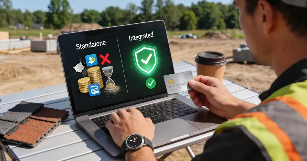 Comparison of standalone roofing calculator apps versus integrated roofing platform showing security and reliability benefits