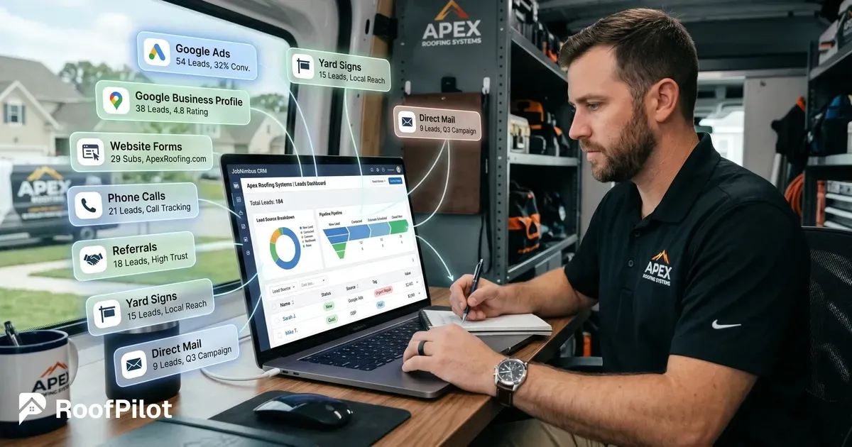Roofer tracking roofing lead sources on laptop in truck with breakdown of Google Ads, Google Business Profile, referrals, and yard signs