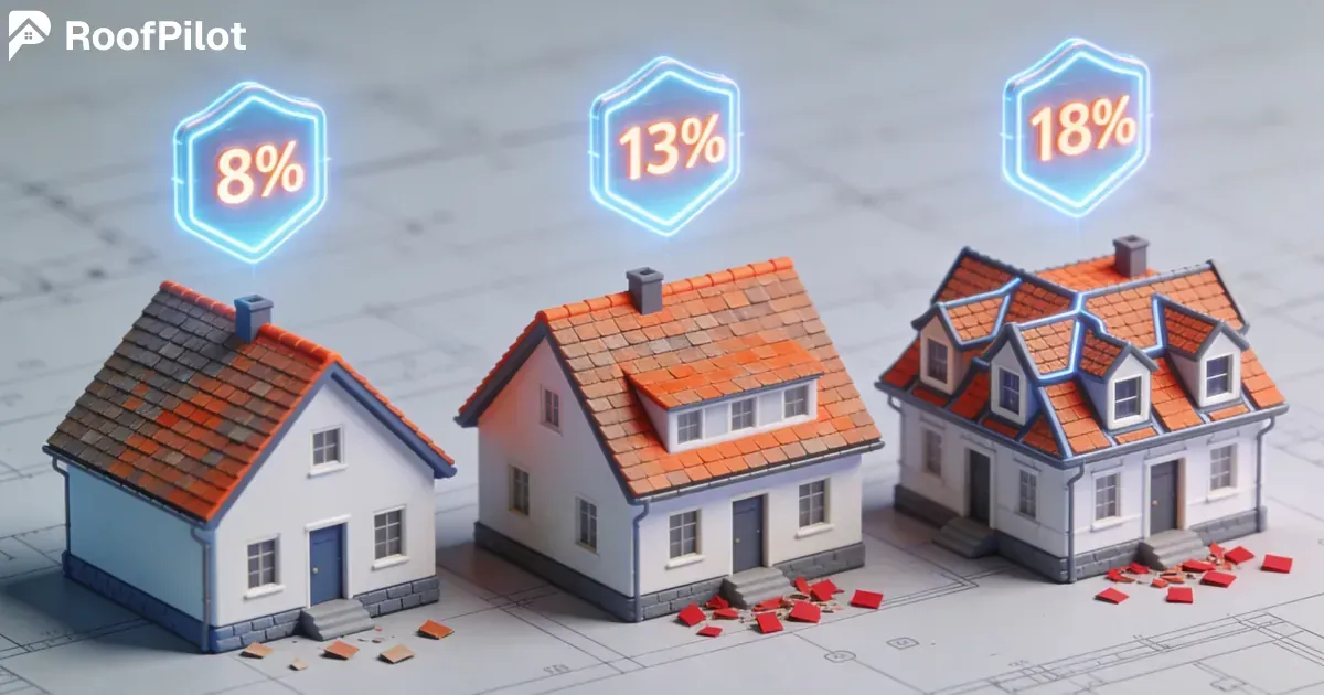 Waste factors by roof type showing 8 percent on simple roof, 13 percent on medium, and 18 percent on complex roof with multiple hips and valleys