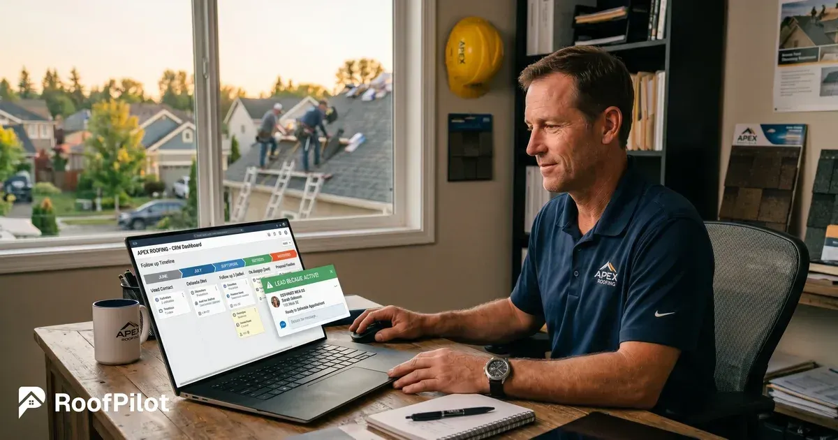 Roofer at laptop with CRM follow-up timeline