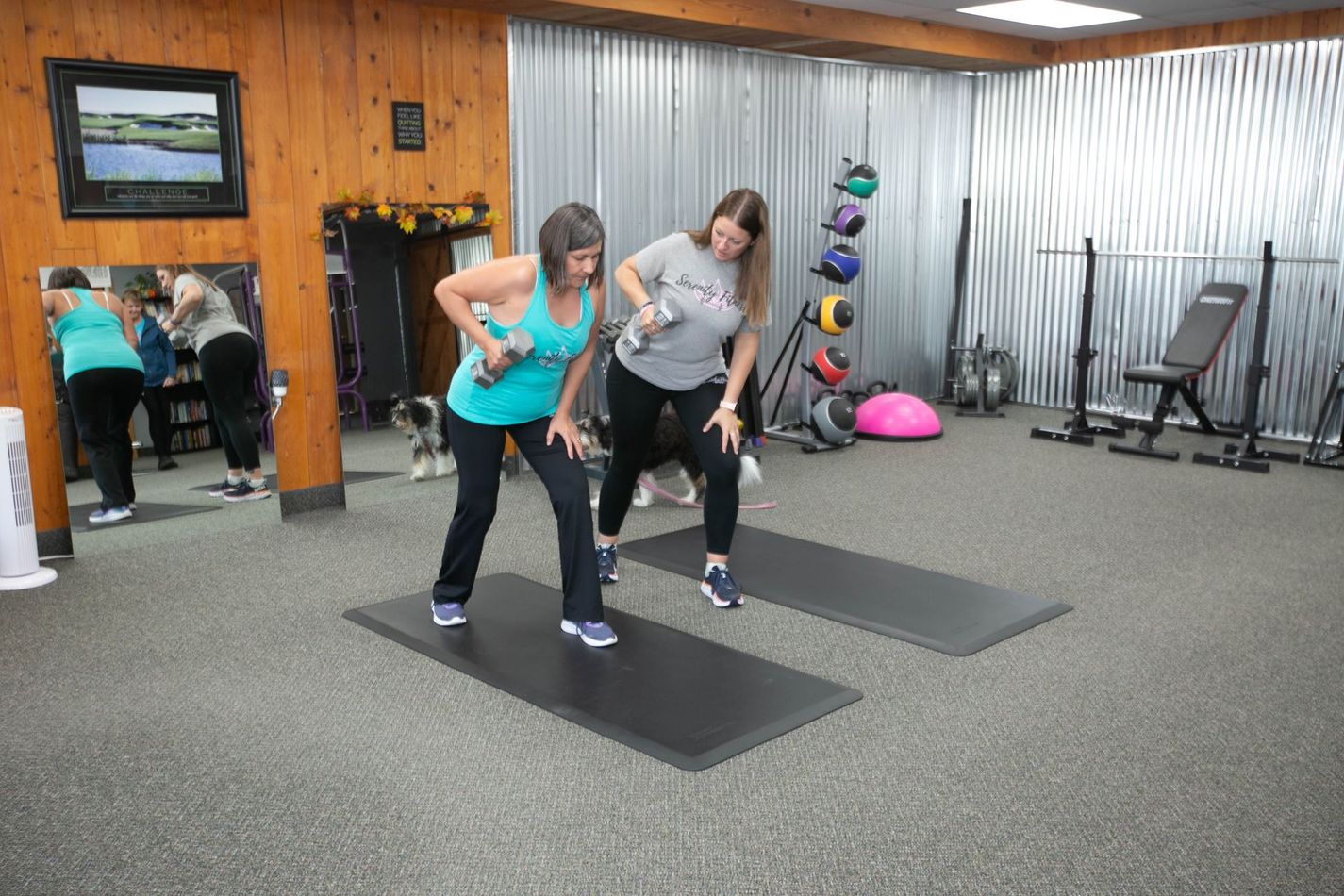 two women are doing exercises with dumbbells in a gym