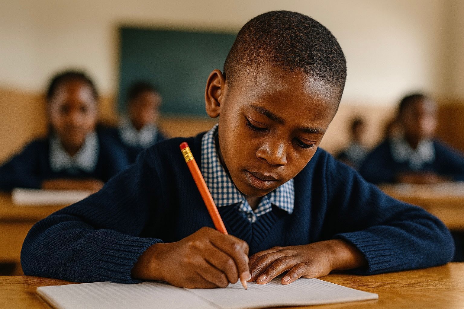 Boy in school uniform writing in notebook with pencil at desk.