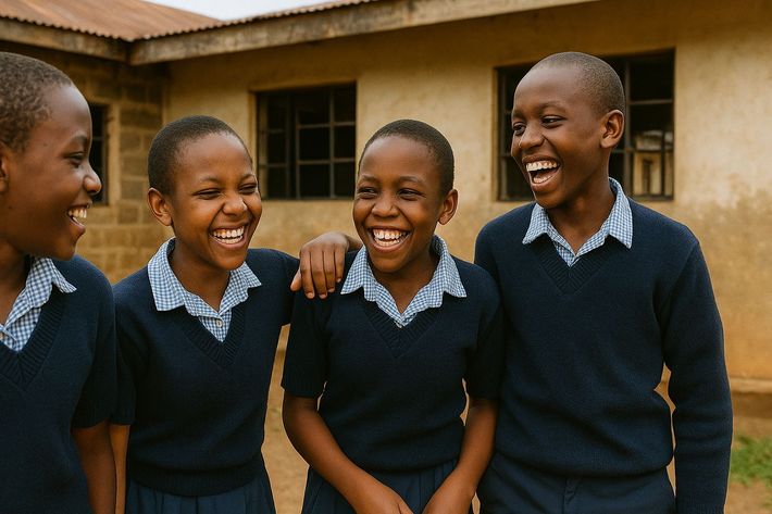Four smiling African school children in blue sweaters, arm around shoulder.