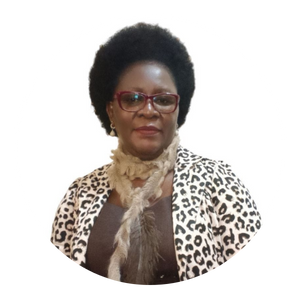 Woman with Afro, wearing glasses, animal-print blazer, scarf.
