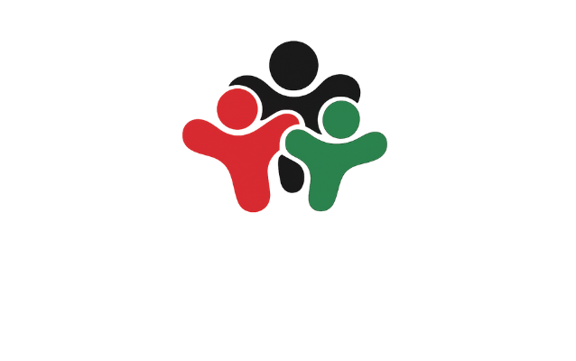 Three stylized figures: red, green, and black, joined together in a circle, representing community.