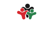 Three stylized figures: red, green, and black, joined together in a circle, representing community.