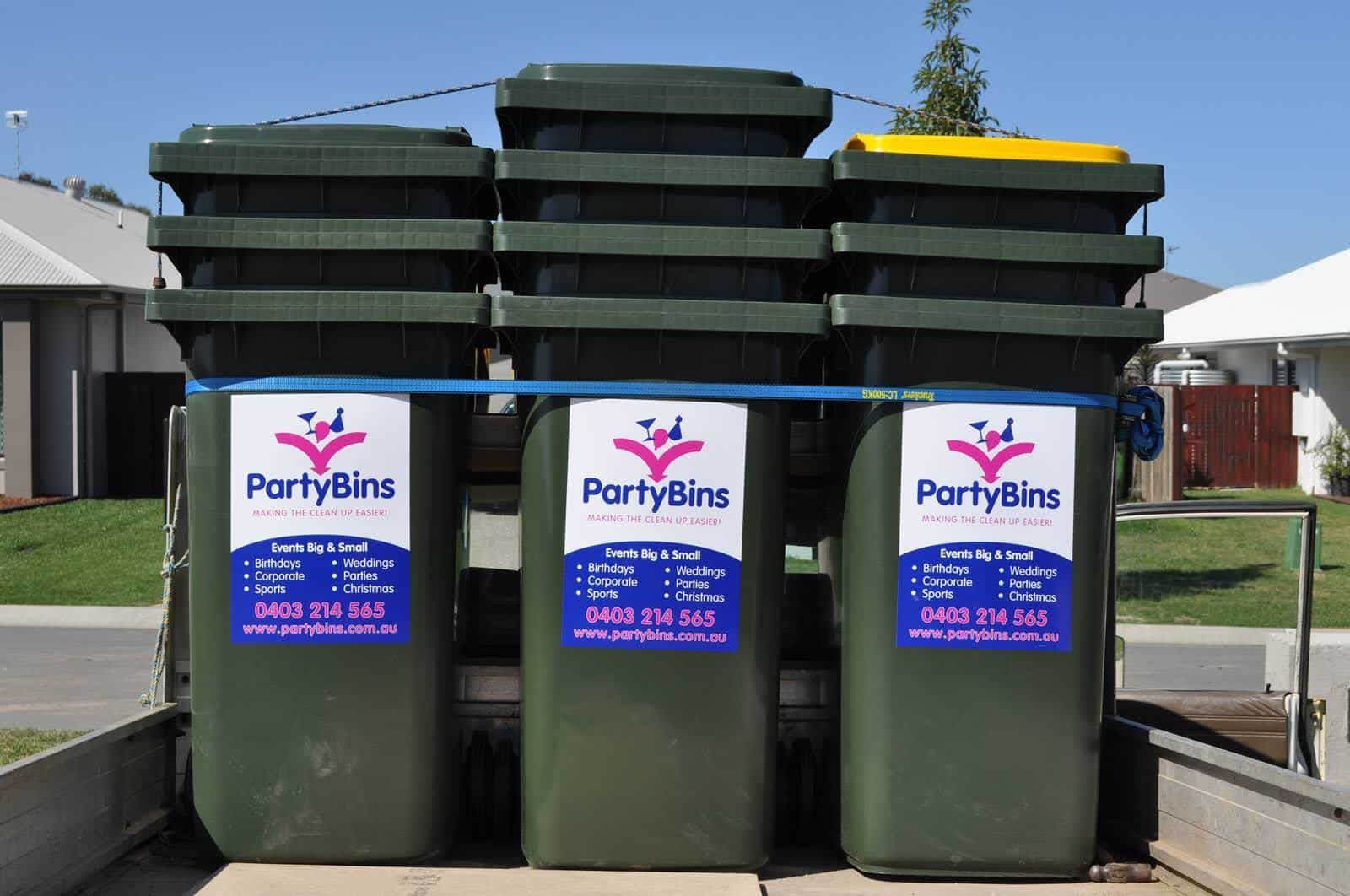 Three Garbage Cans With Party Bins Written On Them — Party Bins Pty Ltd In Landsborough, QLD