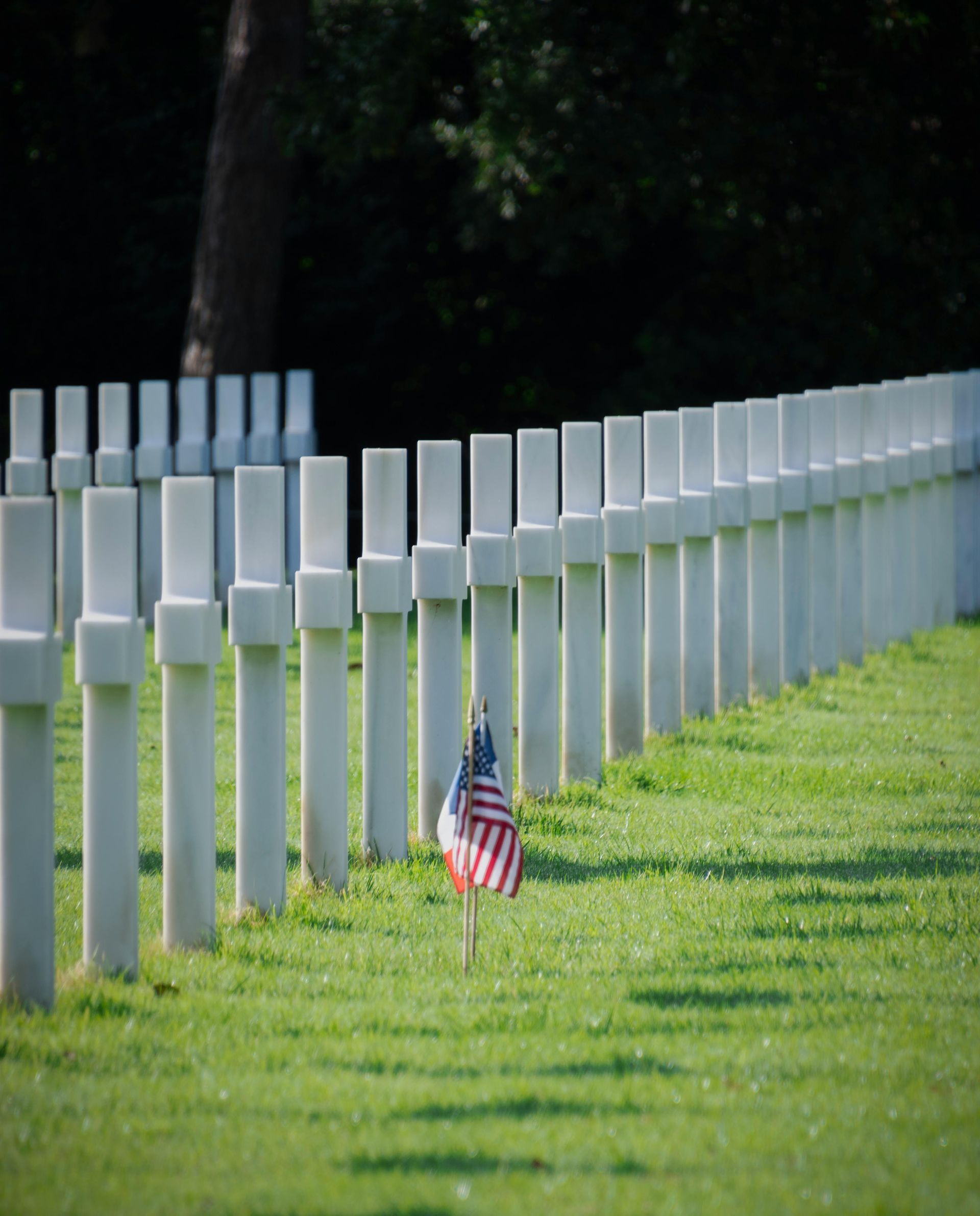 Rows of white crosses in a green cemetery, American flag in the foreground.