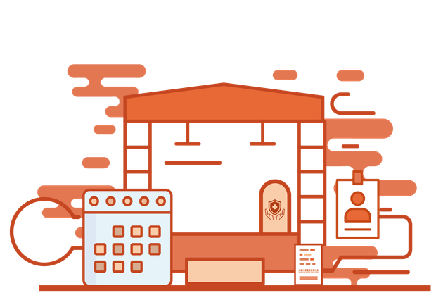 A cartoon illustration of a house with a calendar , id card , and other items.