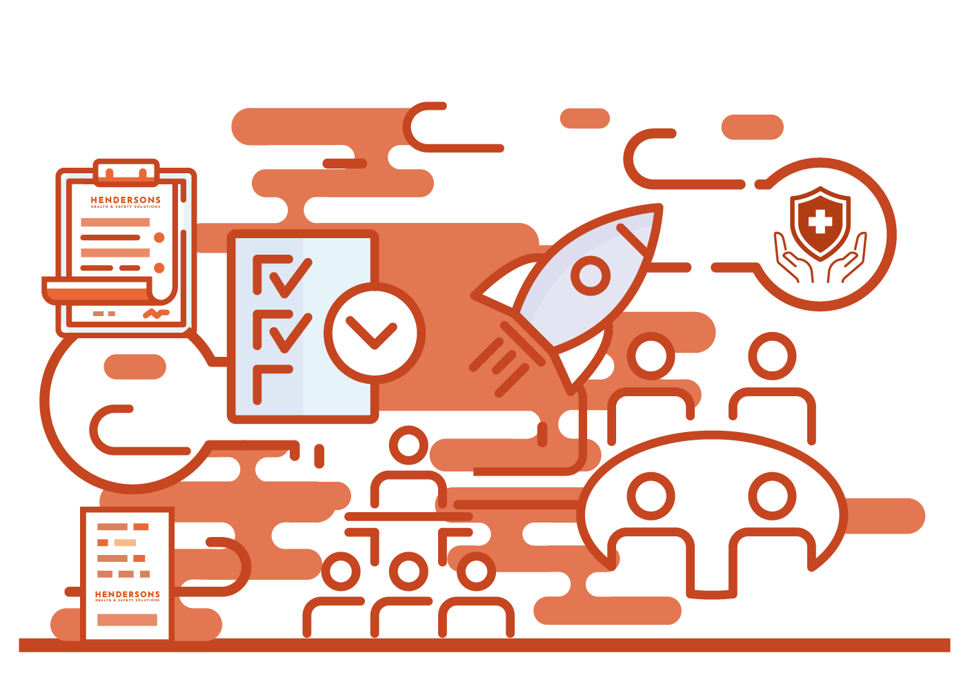 A line drawing of a rocket , a clipboard , a shield , and other icons.