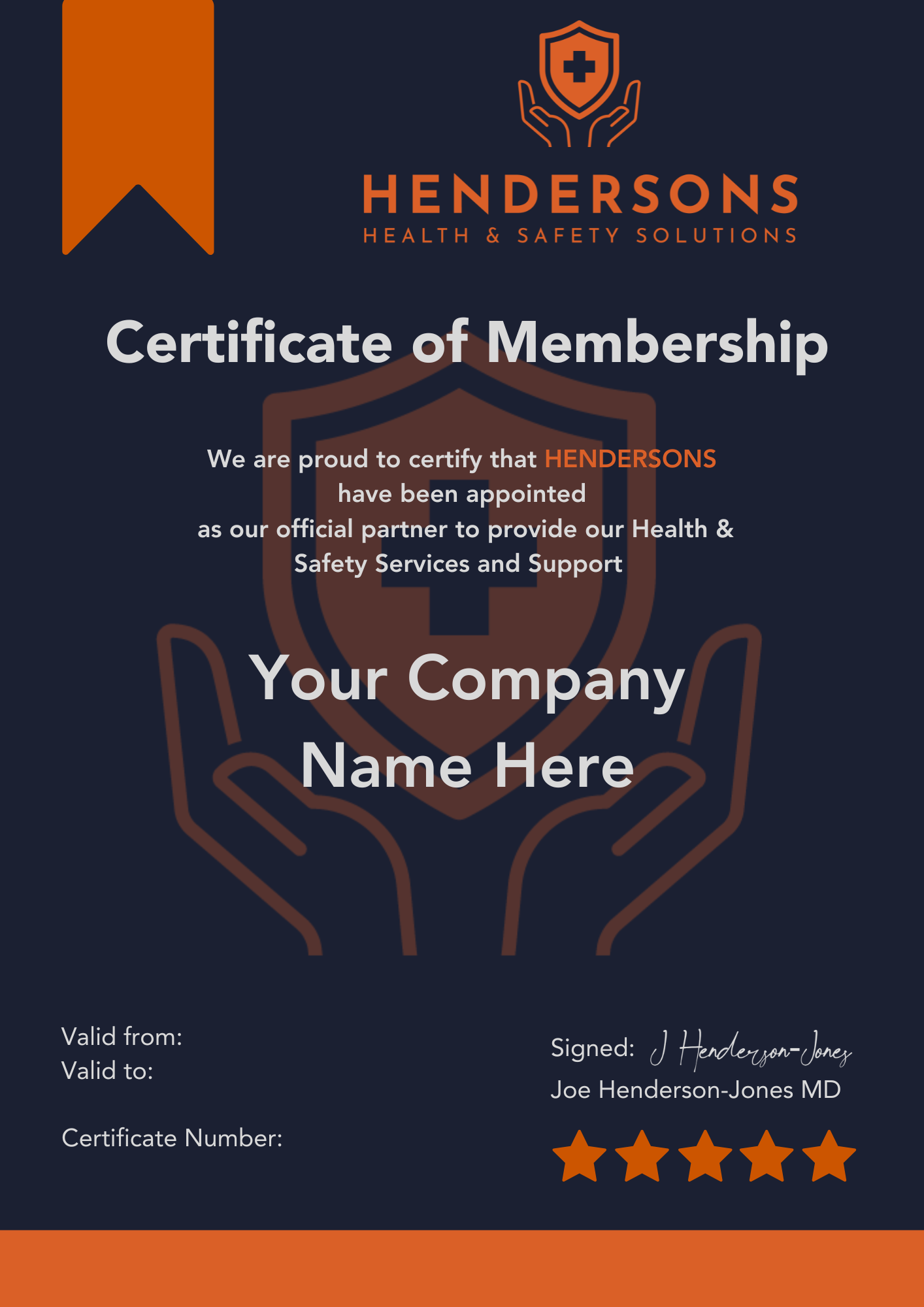 A certificate of membership for hendersons with a shield on it