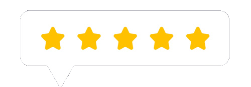 A speech bubble with five stars in it on a white background.