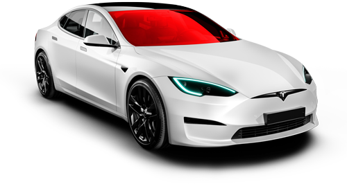 A white tesla model s with a red windshield