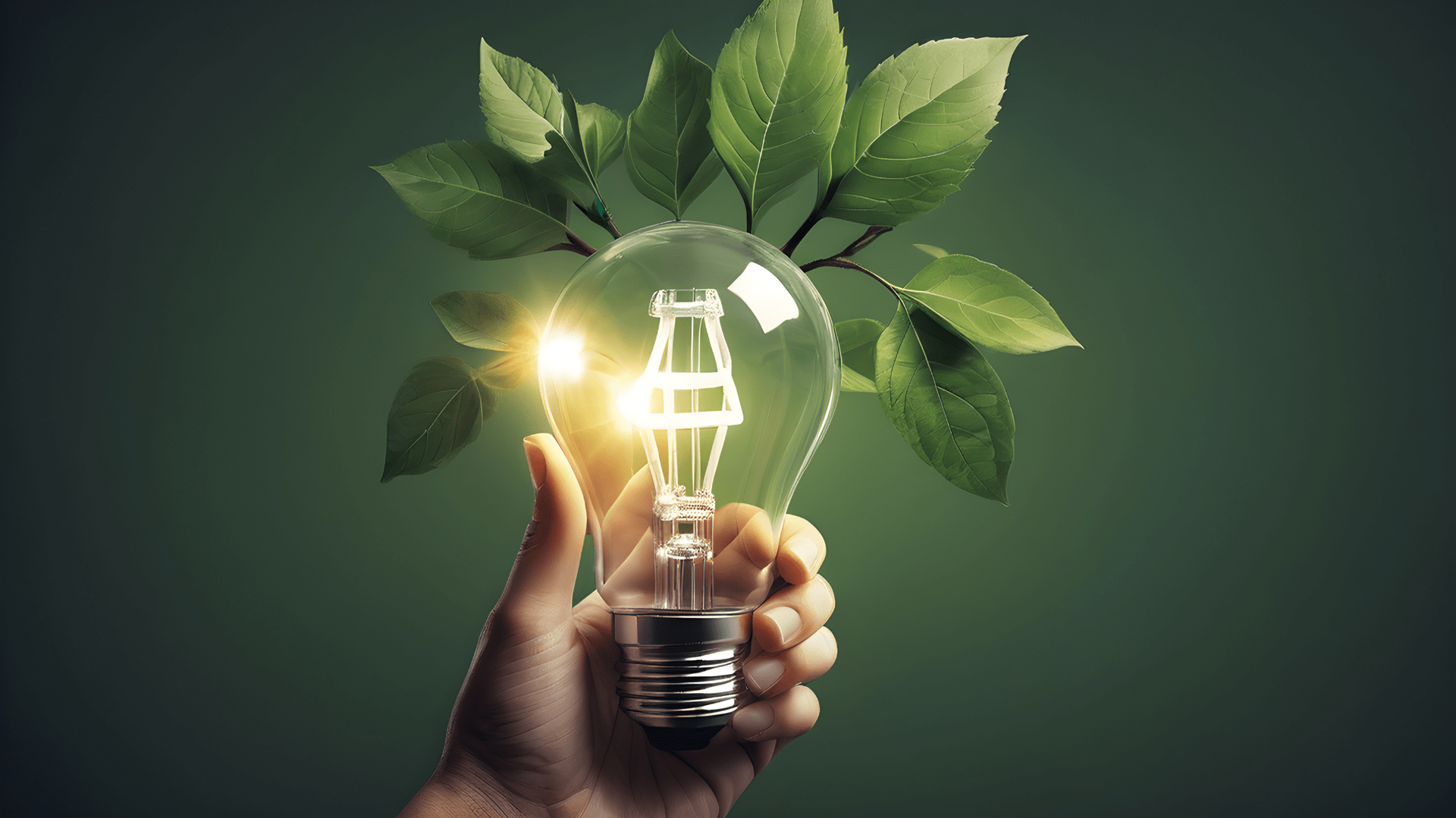 Hand holding a glowing lightbulb with green leaves sprouting from the top against a green background — OzEnergi in Caloundra West, QLD